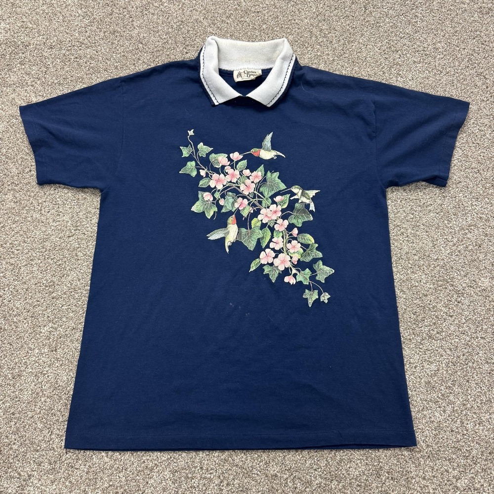Vintage Cracker Barrel Polo Shirt Womens L Blue Hummingbird Floral Graphic Top